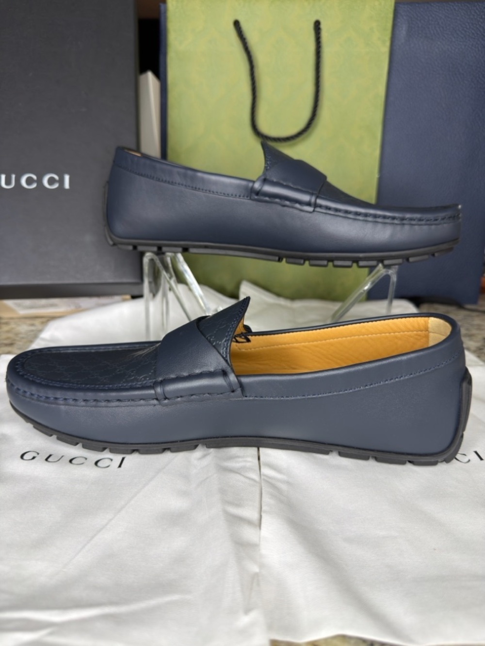 GUCCI Navy GG Microguccissima Leather Driver Loafer Size IT 6 Box Made Italy New - Picture 7 of 12